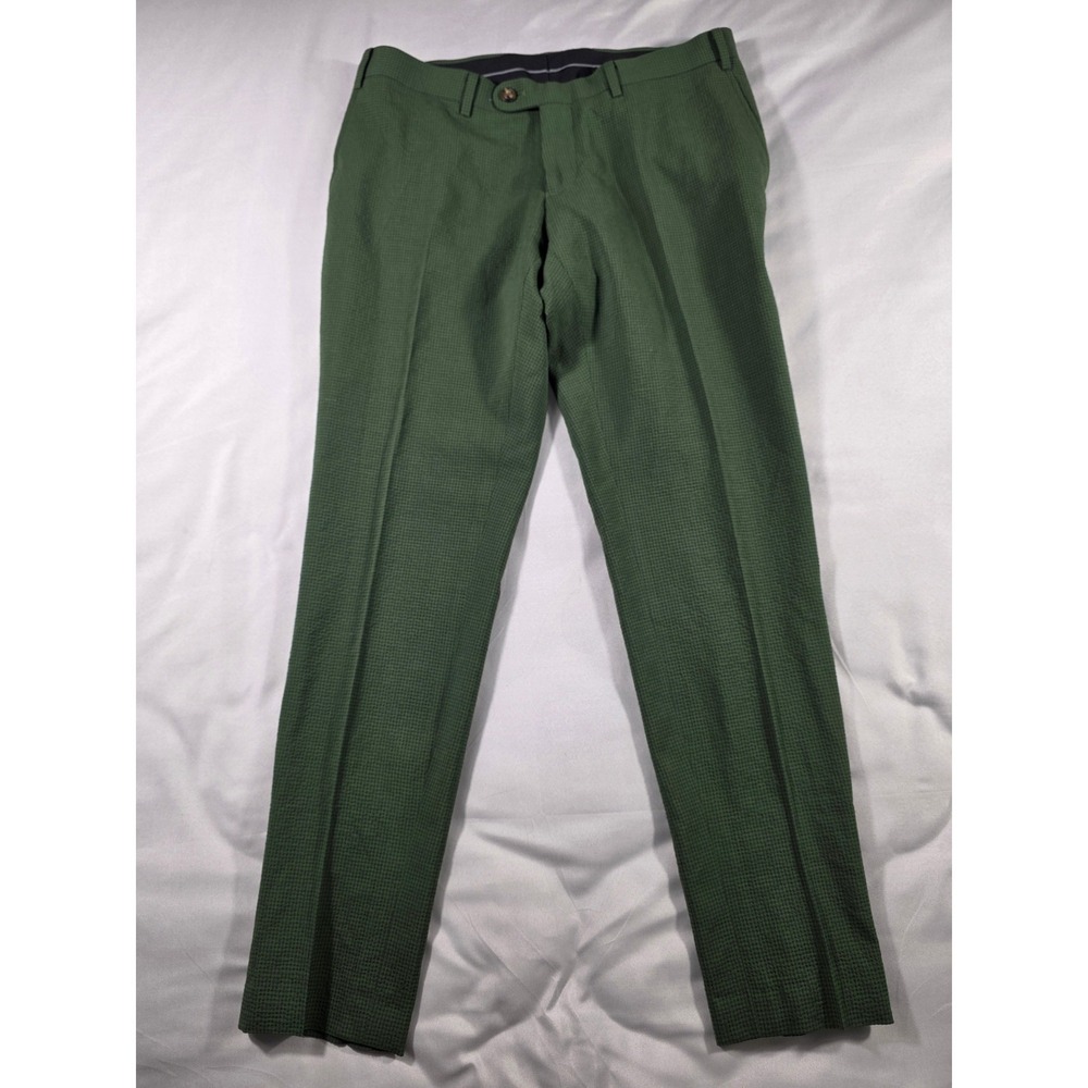 Indochino Dress Pants Mens 32x29 Green Micro Check Wool Blend Tailored Trousers